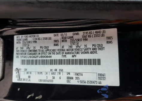 2015 Ford Escape Se z USA, uszkodzony, nr VIN 1FMCU9G92FUB90844